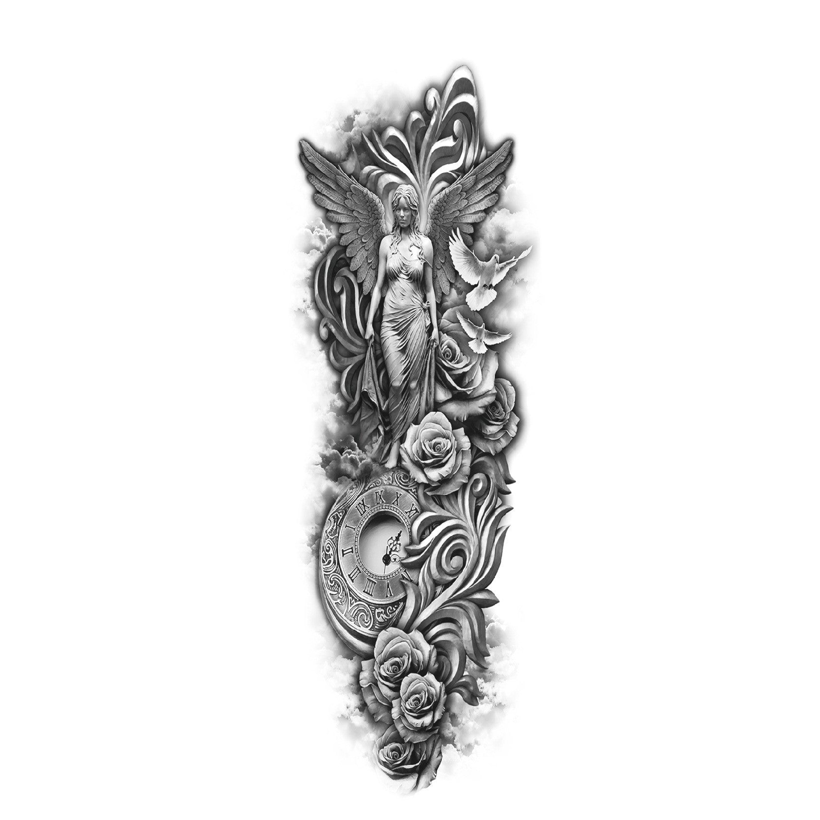 Temporary Arm Sleeve Tattoo (Waterproof) - ANGEL CLOCK DESIGN